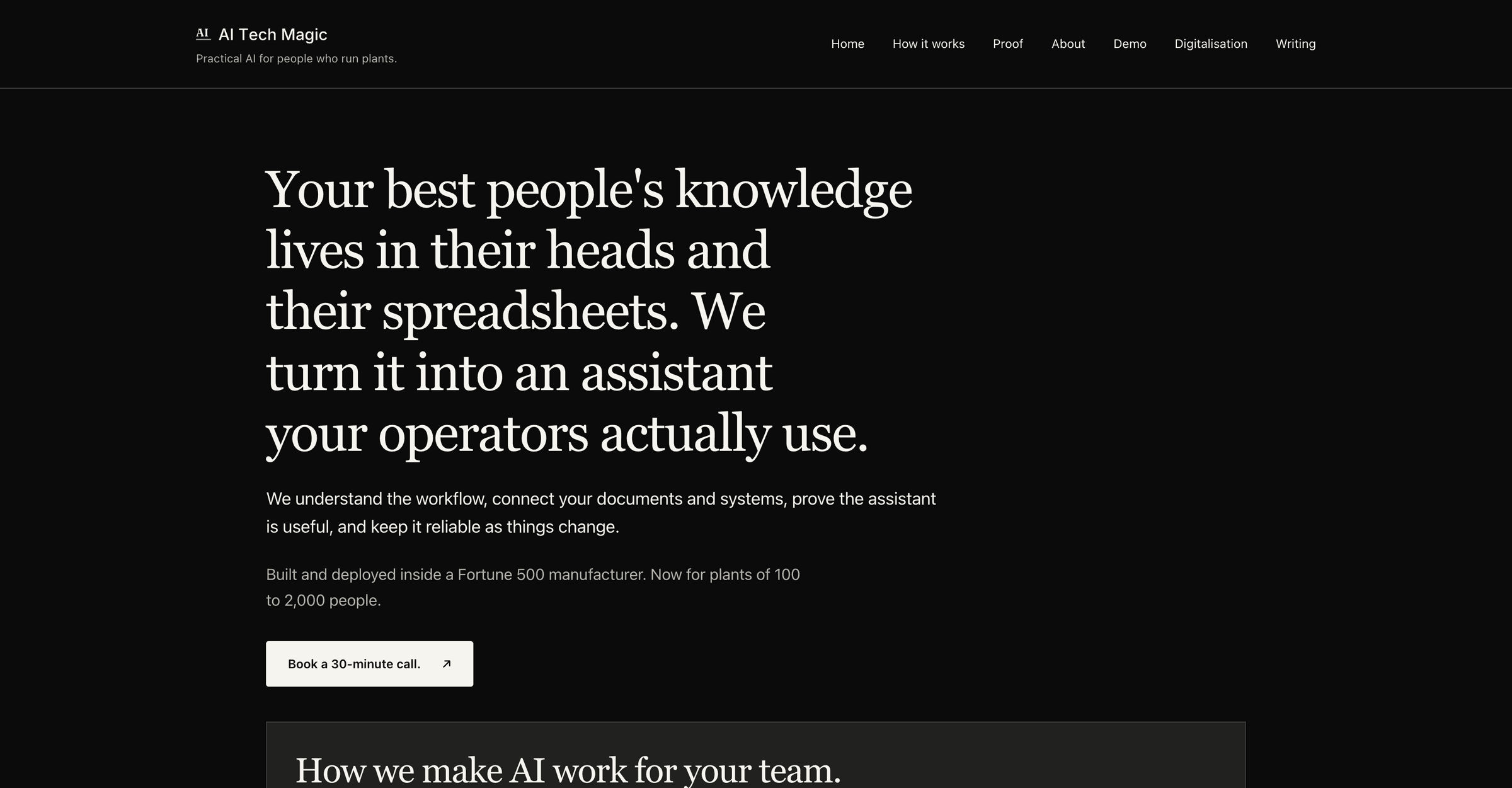 AI Tech Magic home page with a headline about operator knowledge and a button to book a call.
