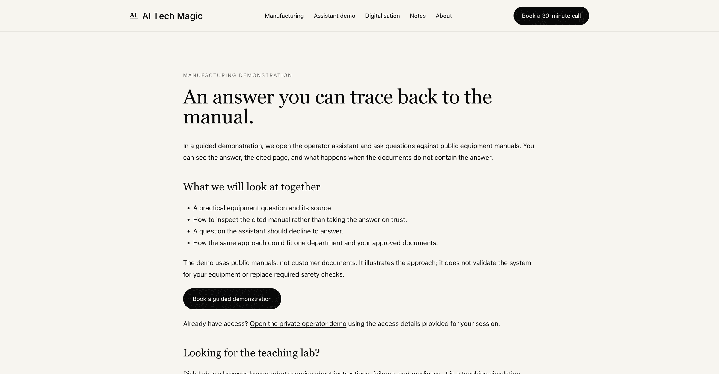 Demonstration page describing a guided session with the operator assistant.