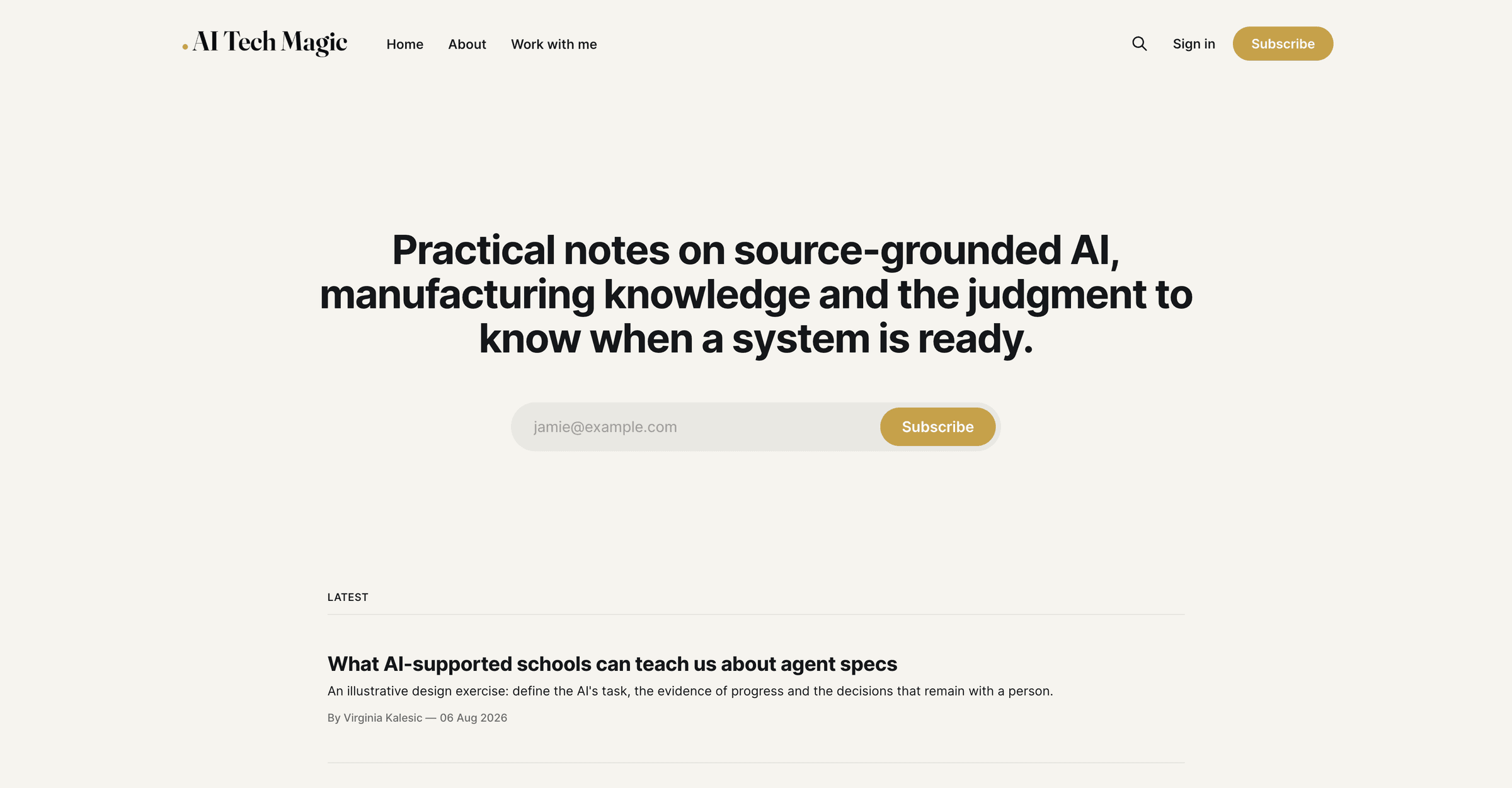 Notes page with a headline, an email subscription field, and the latest article.