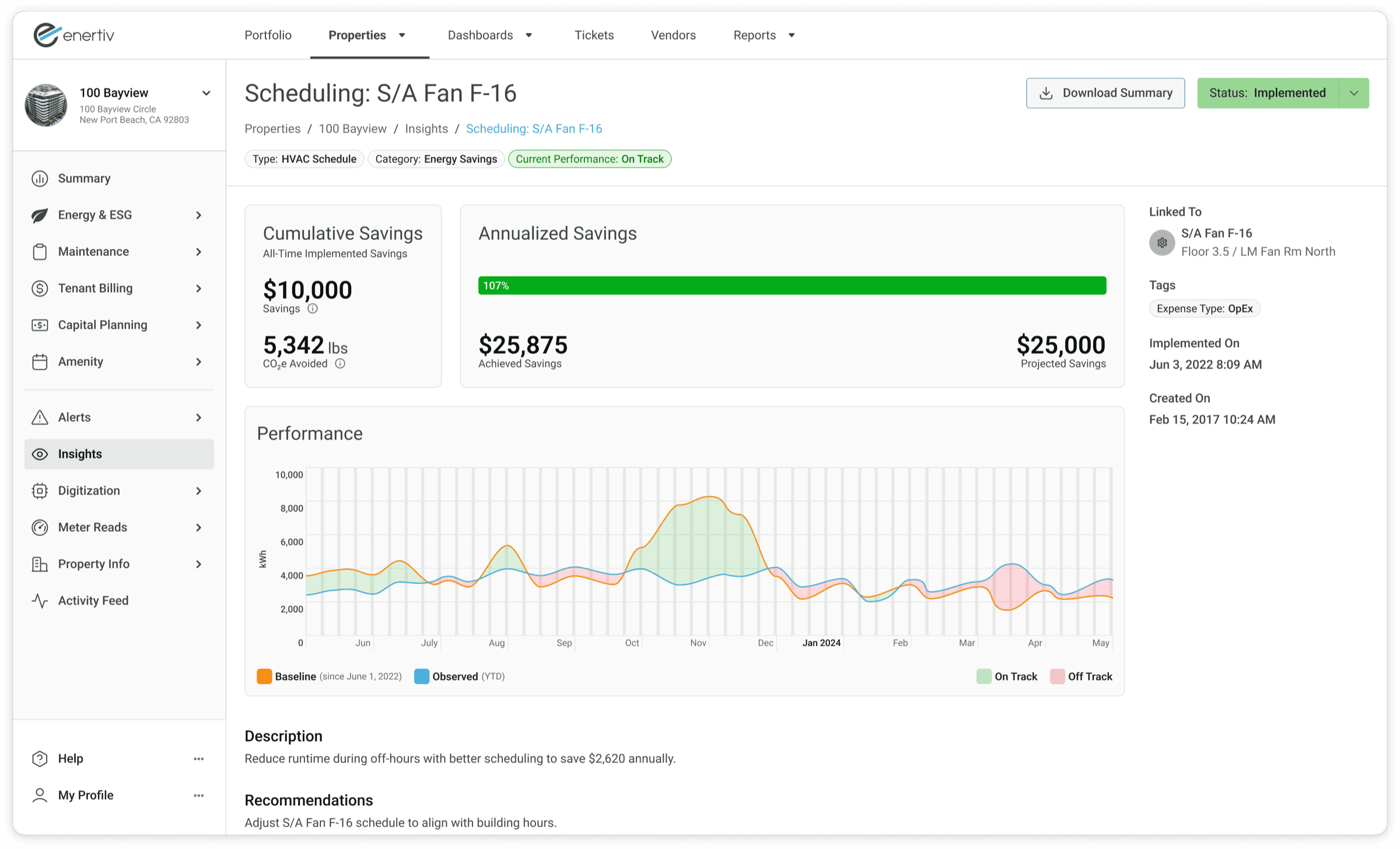 Insight page showing cumulative and annualized savings and a performance chart against baseline.