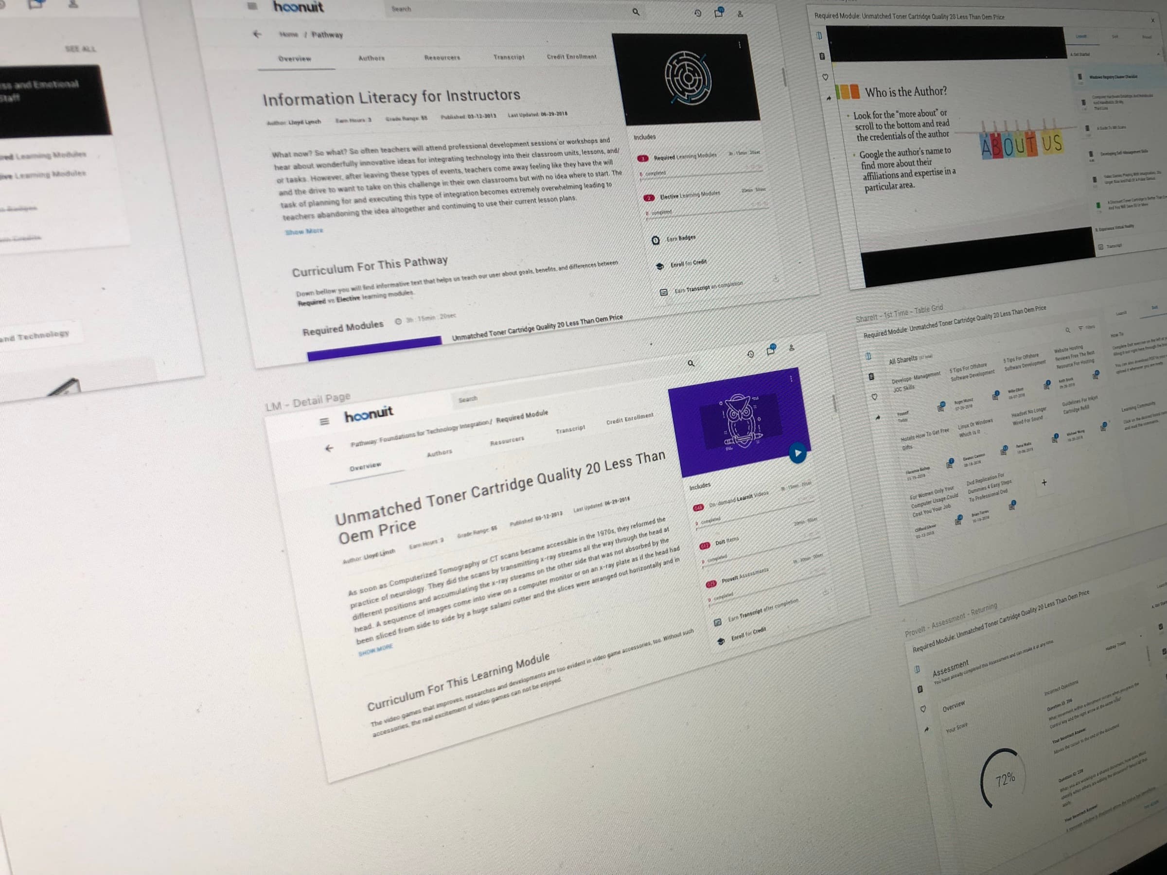 Overview of Hoonuit platform screens, including pathway, learning module, and assessment pages.