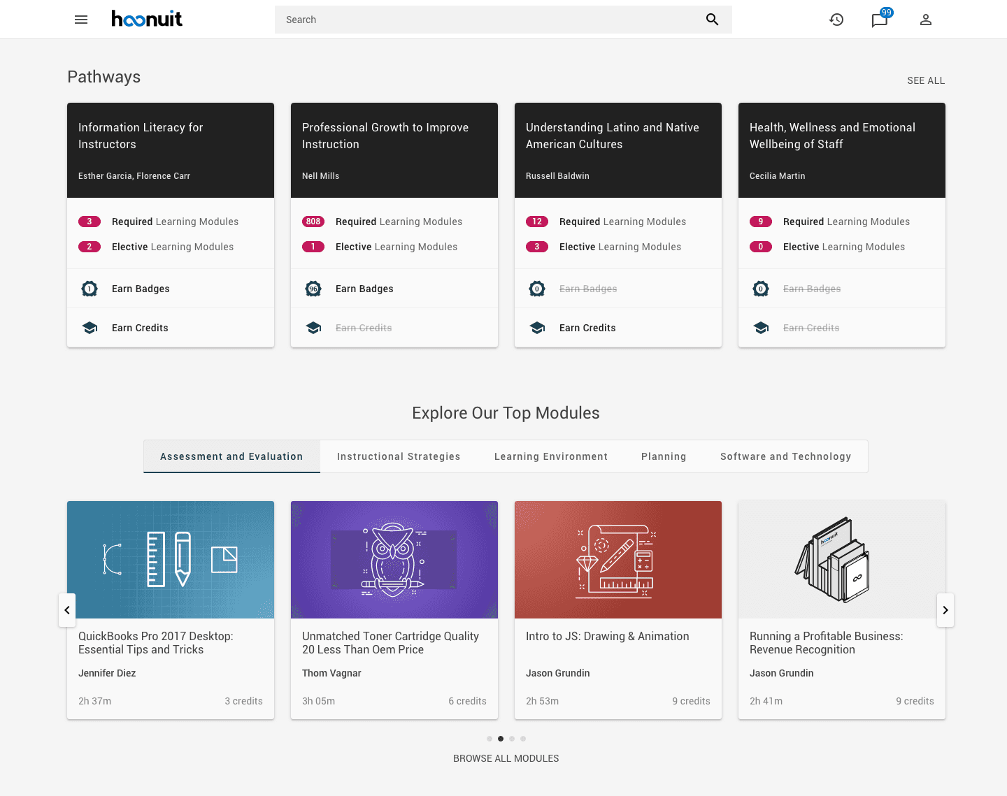 Dashboard with four pathway cards and a carousel of top learning modules.