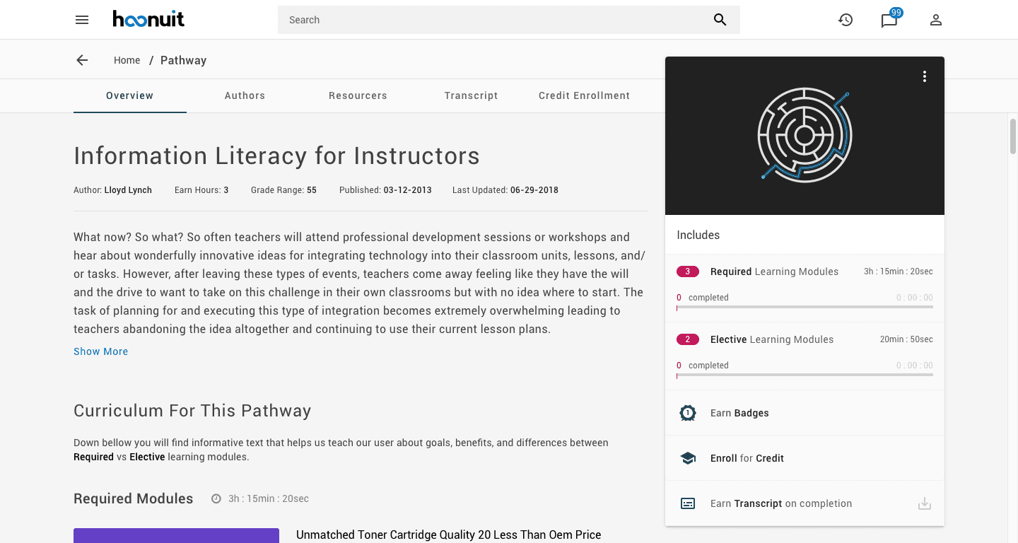 Pathway detail page with description and a summary card of modules, time, badges, and credit.