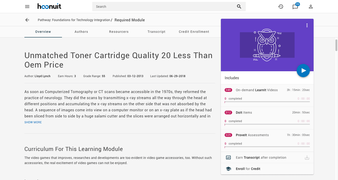 Learning module page with a summary card listing LearnIt videos, DoIt items, and ProveIt assessments.