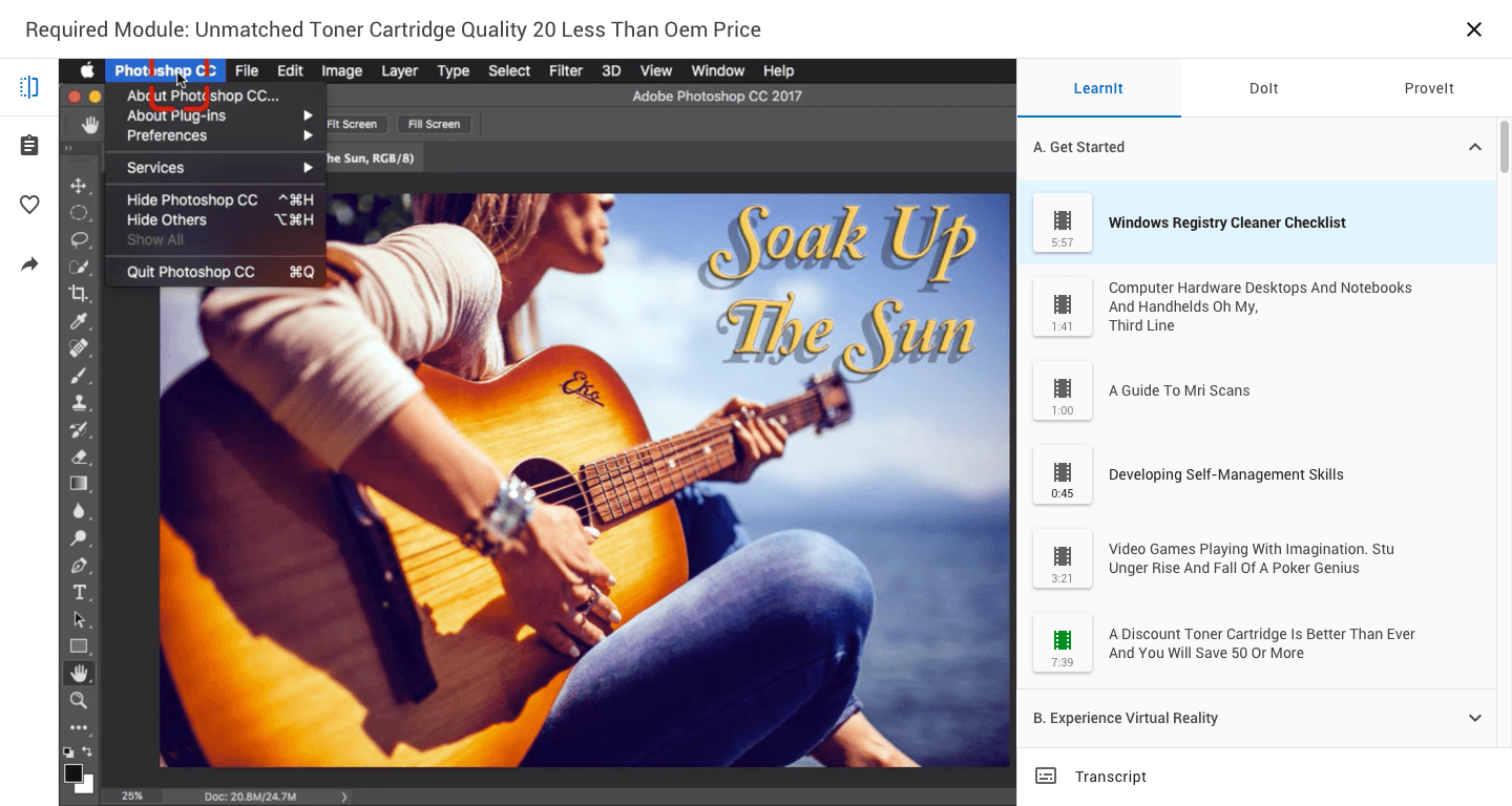 Video player with a chaptered playlist and LearnIt, DoIt, and ProveIt tabs.