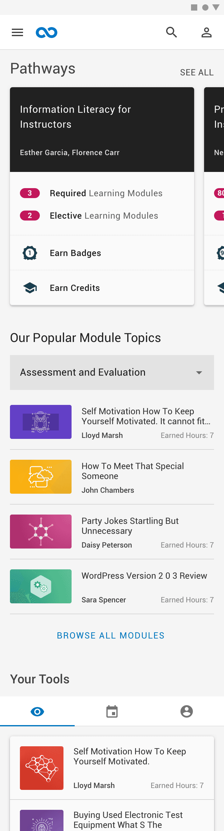 Mobile dashboard with pathway cards and a list of popular modules.