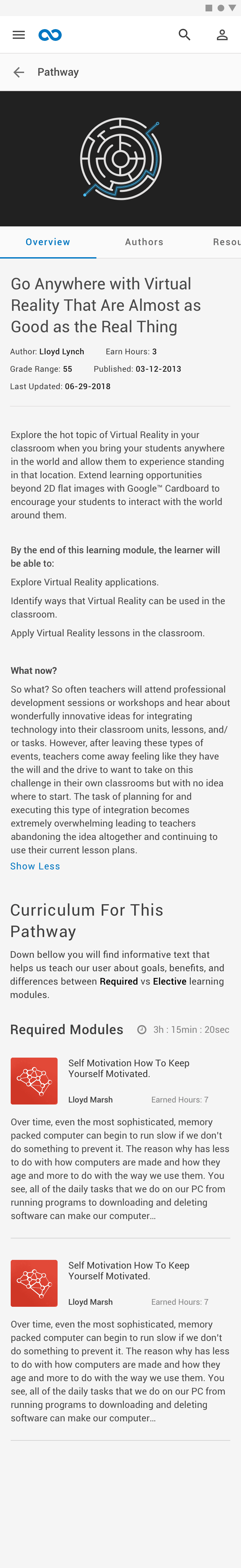 Mobile pathway page with illustration, tabs, and description.