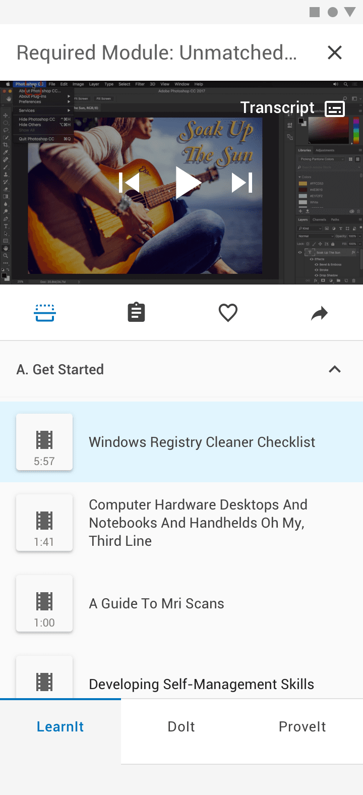 Mobile video player with playlist and LearnIt, DoIt, and ProveIt tabs at the bottom.