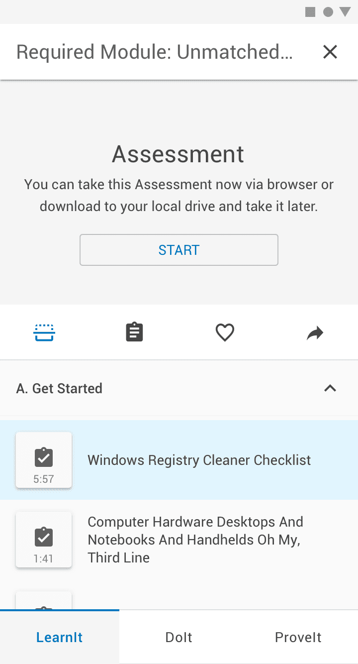 Mobile assessment start screen with the module playlist below.