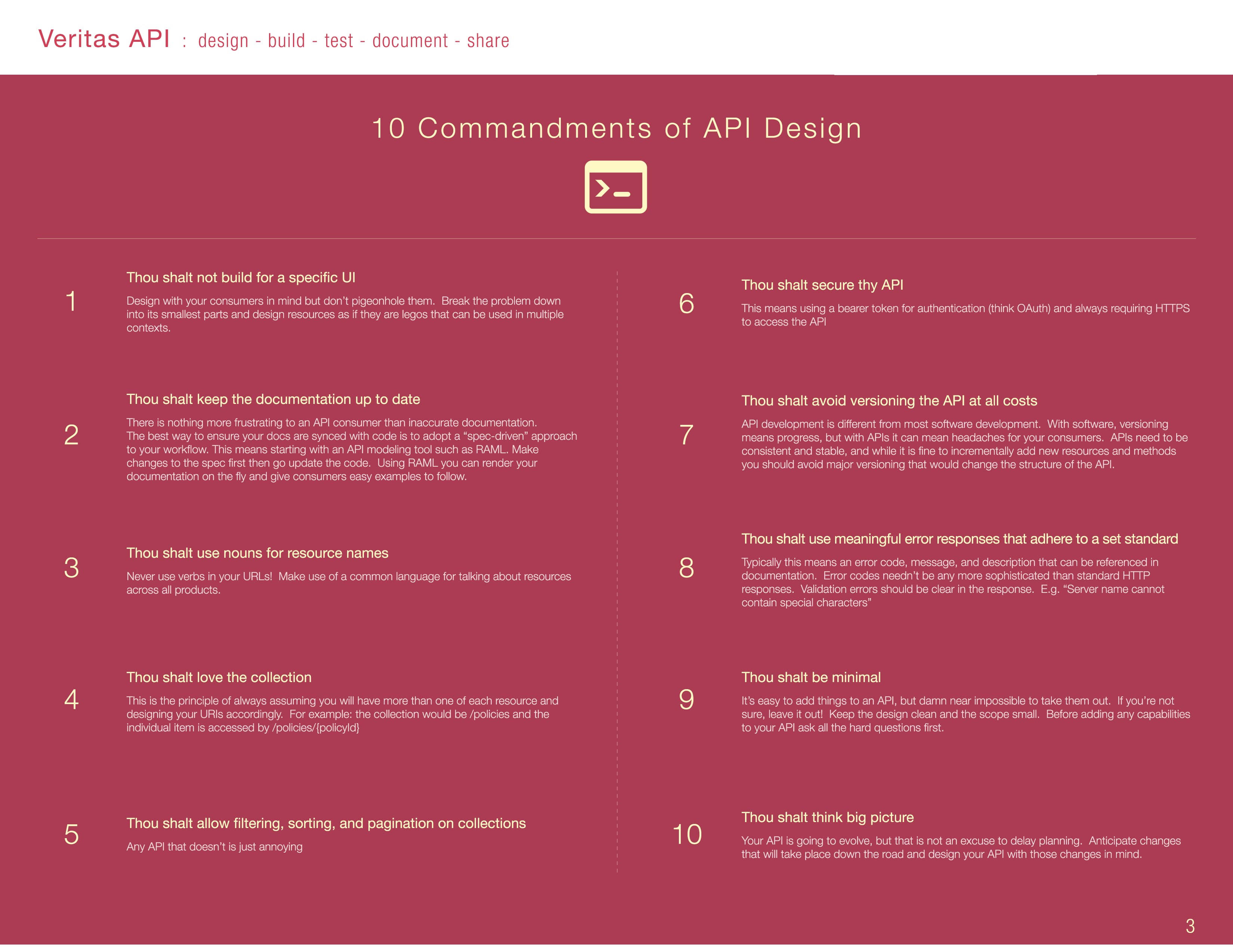 Infographic listing ten principles of API design.