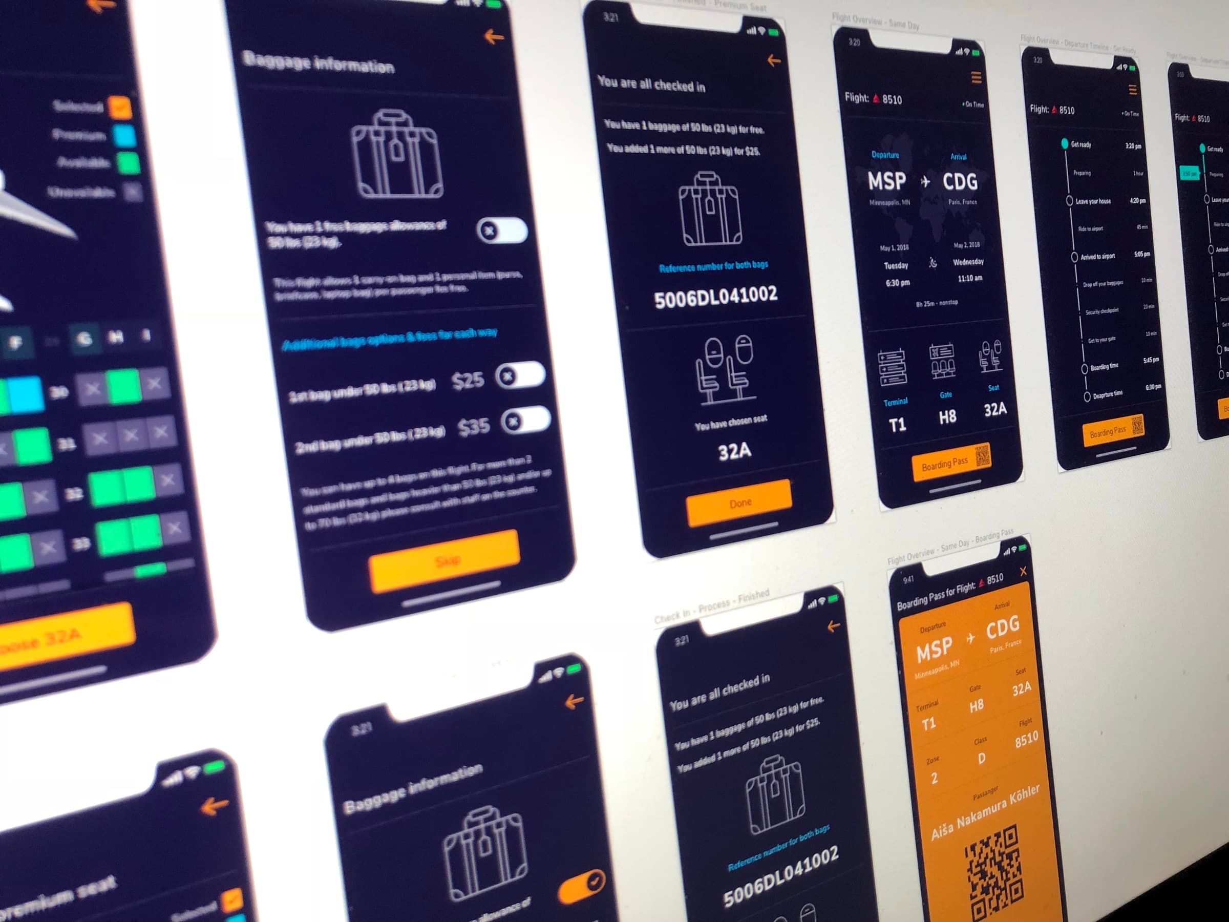 Overview of the app's screens, including check-in, flight overview, departure timeline, and boarding pass.