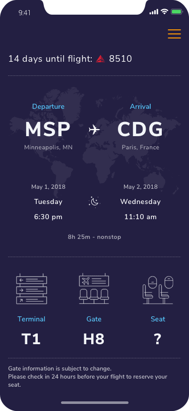Flight overview showing Minneapolis to Paris, with terminal, gate, and an unassigned seat.
