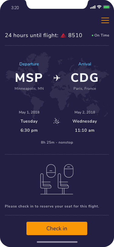 Flight overview 24 hours before departure with a check-in button.