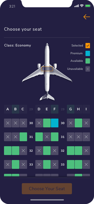 Seat map with available, premium, and unavailable seats.