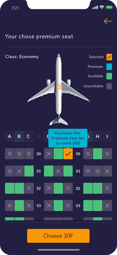 Seat map with a premium seat selected and its price shown.