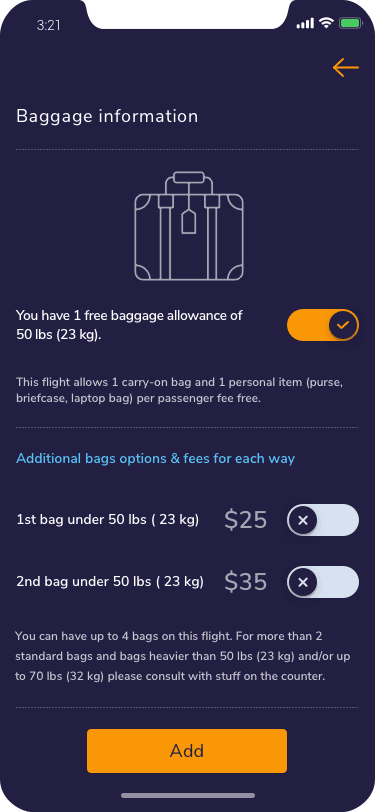 Baggage screen with free allowance and priced options for additional bags.