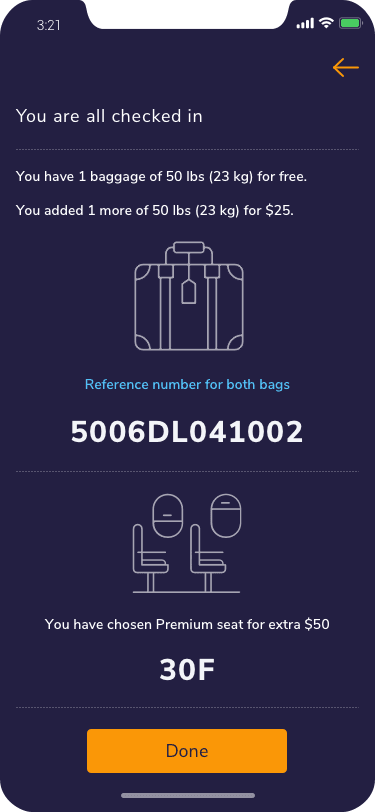 Check-in confirmation showing baggage reference number and seat.
