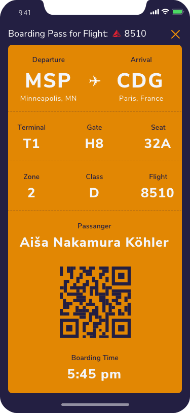 Boarding pass with route, terminal, gate, seat, and QR code.