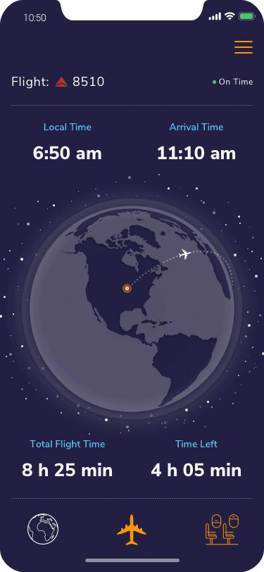 In-flight view with a globe showing the route and time remaining.