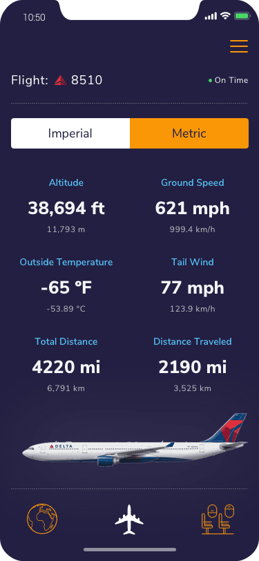Flight data showing altitude, ground speed, temperature, and distance.