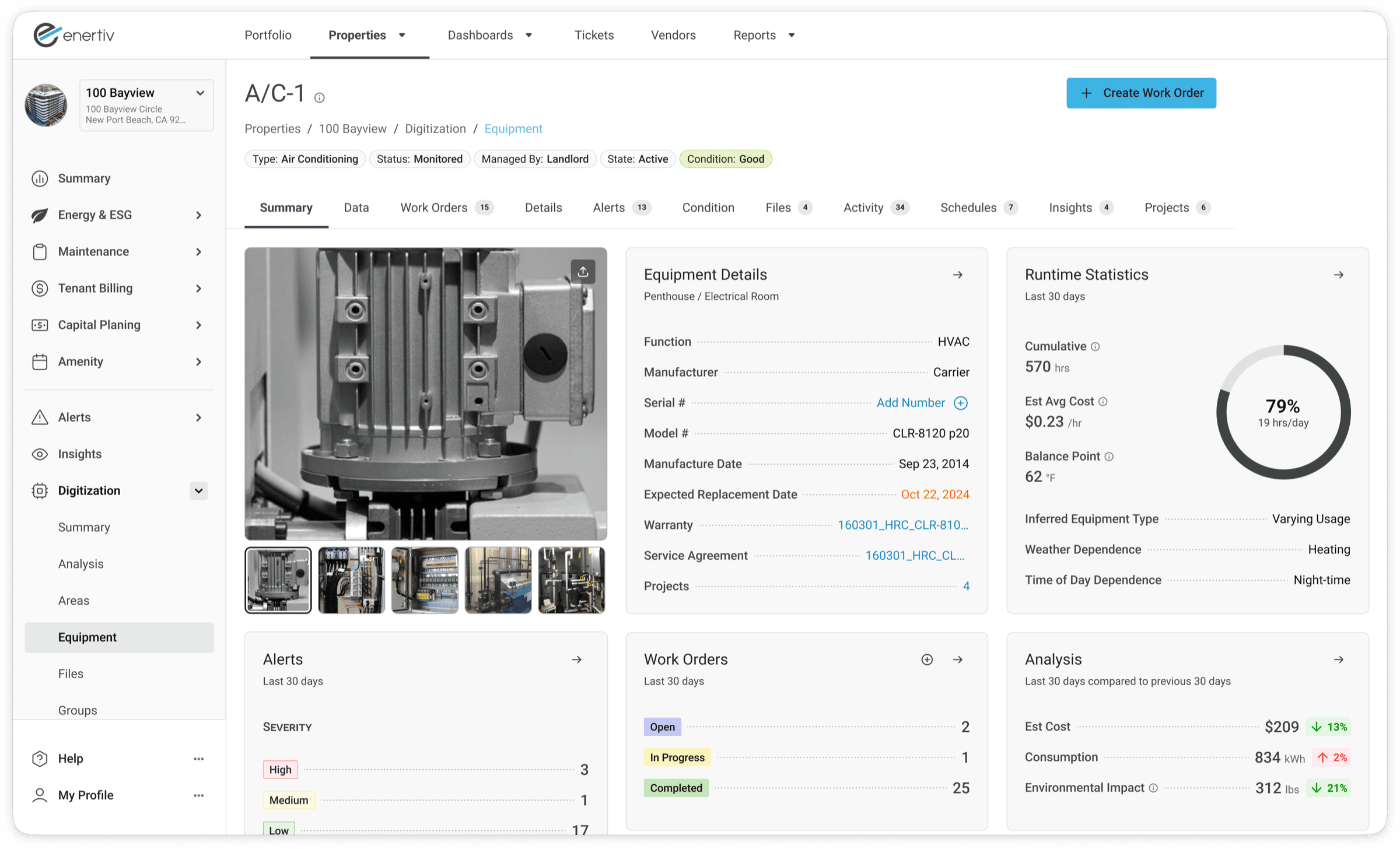 Equipment detail page for an air conditioning unit with details, runtime statistics, alerts, and work orders.