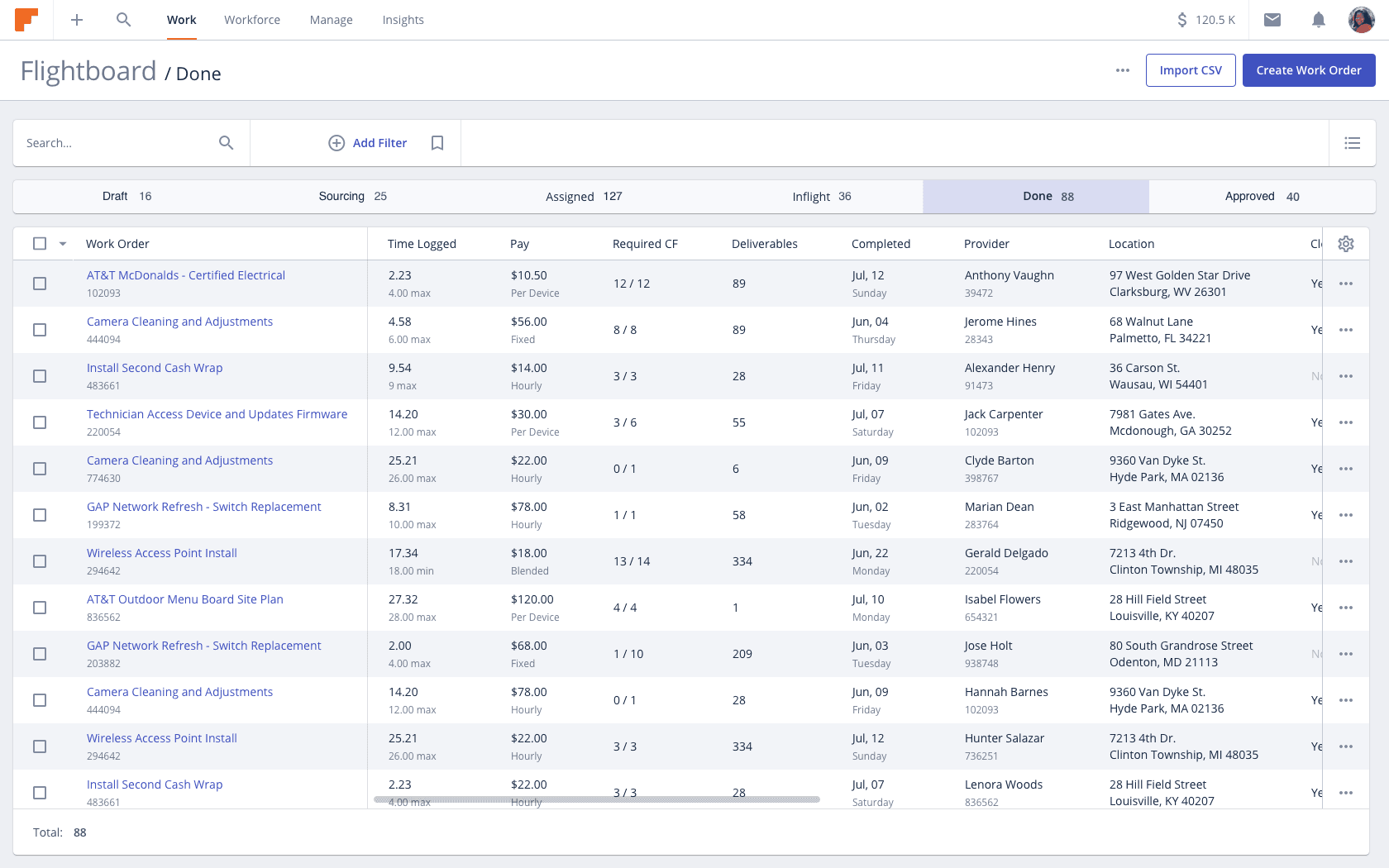 Flightboard table of completed work orders with stage tabs across the top.
