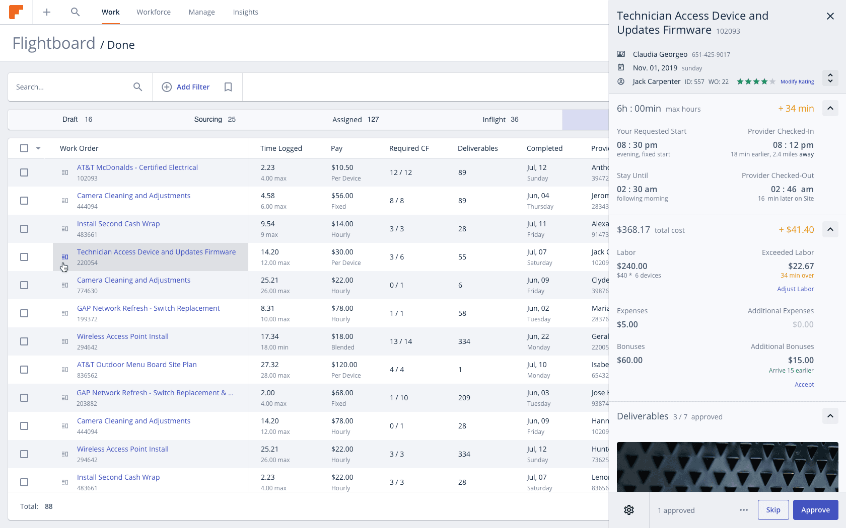 Quick review panel showing check-in times, cost breakdown, and approve and skip actions.
