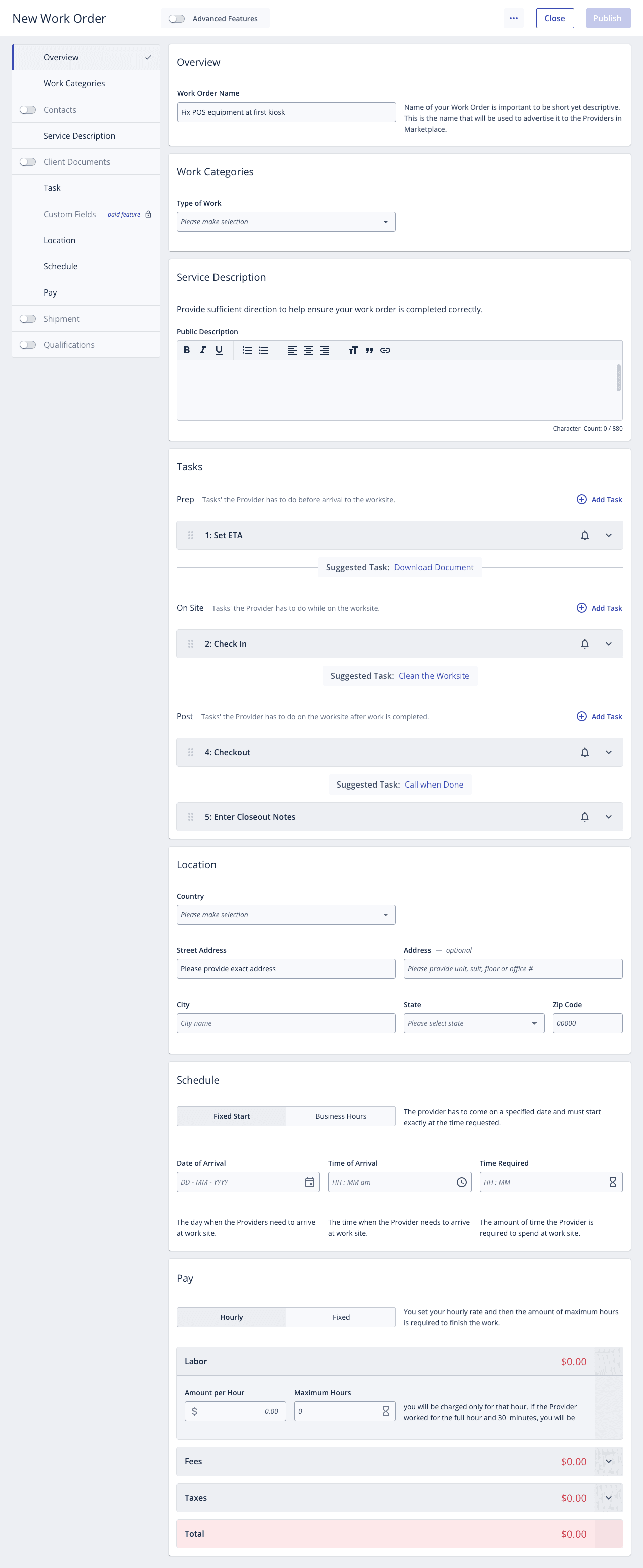 New work order form in basic mode with a short list of sections.