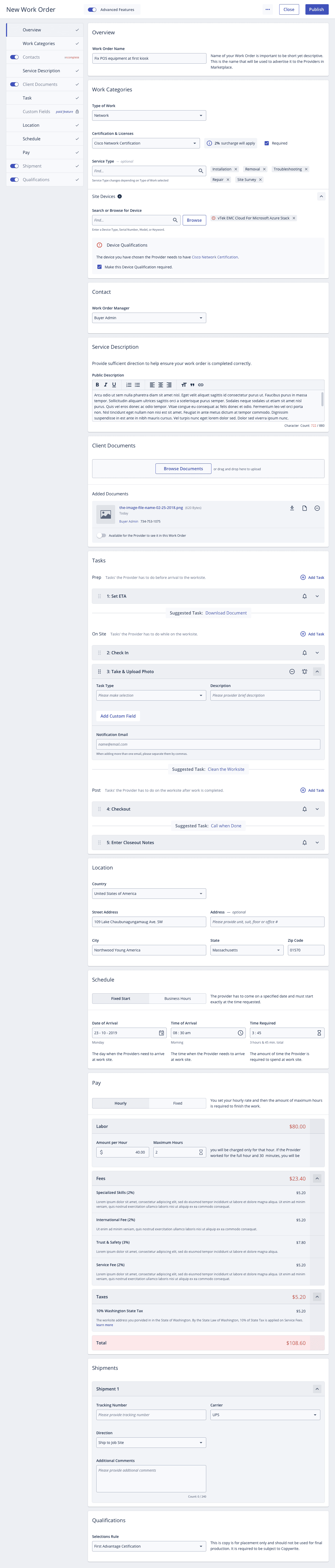 New work order form with advanced features enabled and all sections complete.