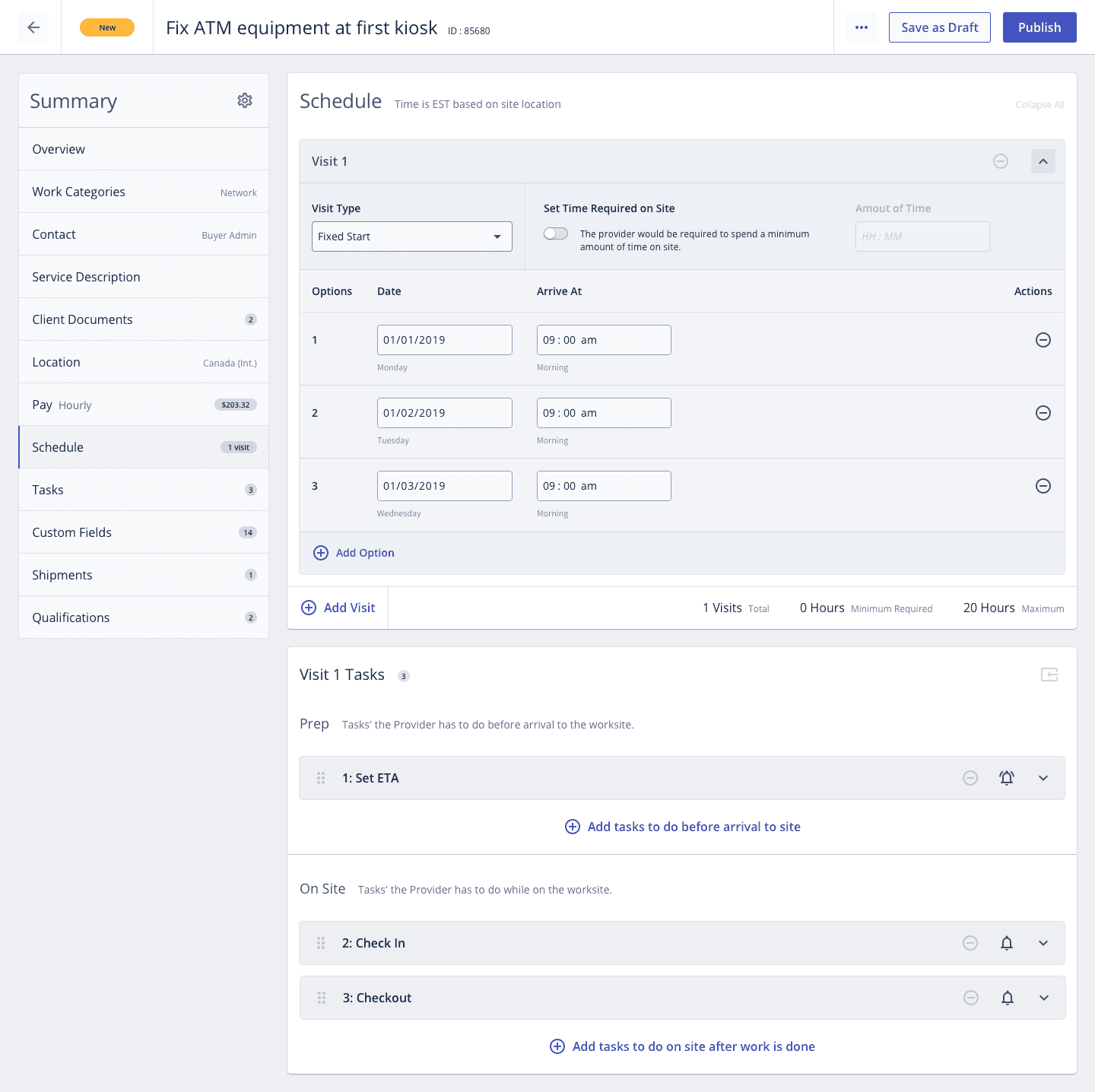 Schedule section with three fixed start options for one visit.