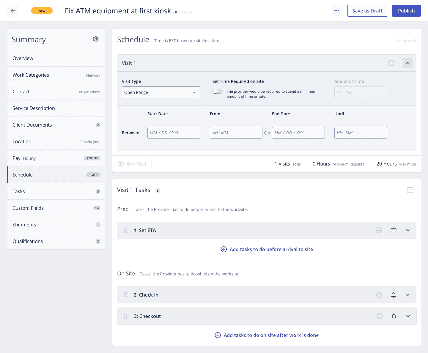 Schedule section set to an open date and time range.