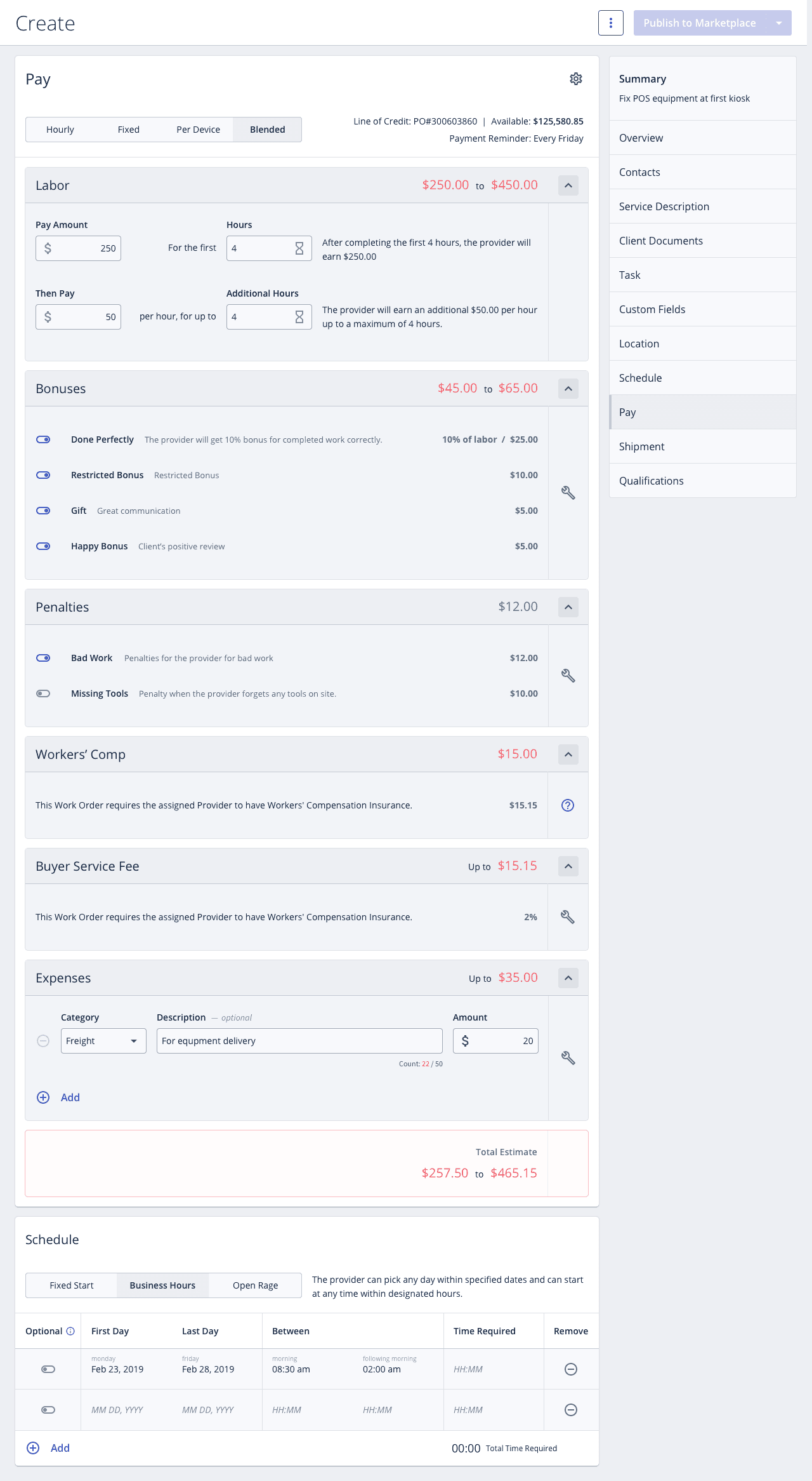 Pay section listing labor, bonuses, penalties, fees, and expenses with a total estimate range.