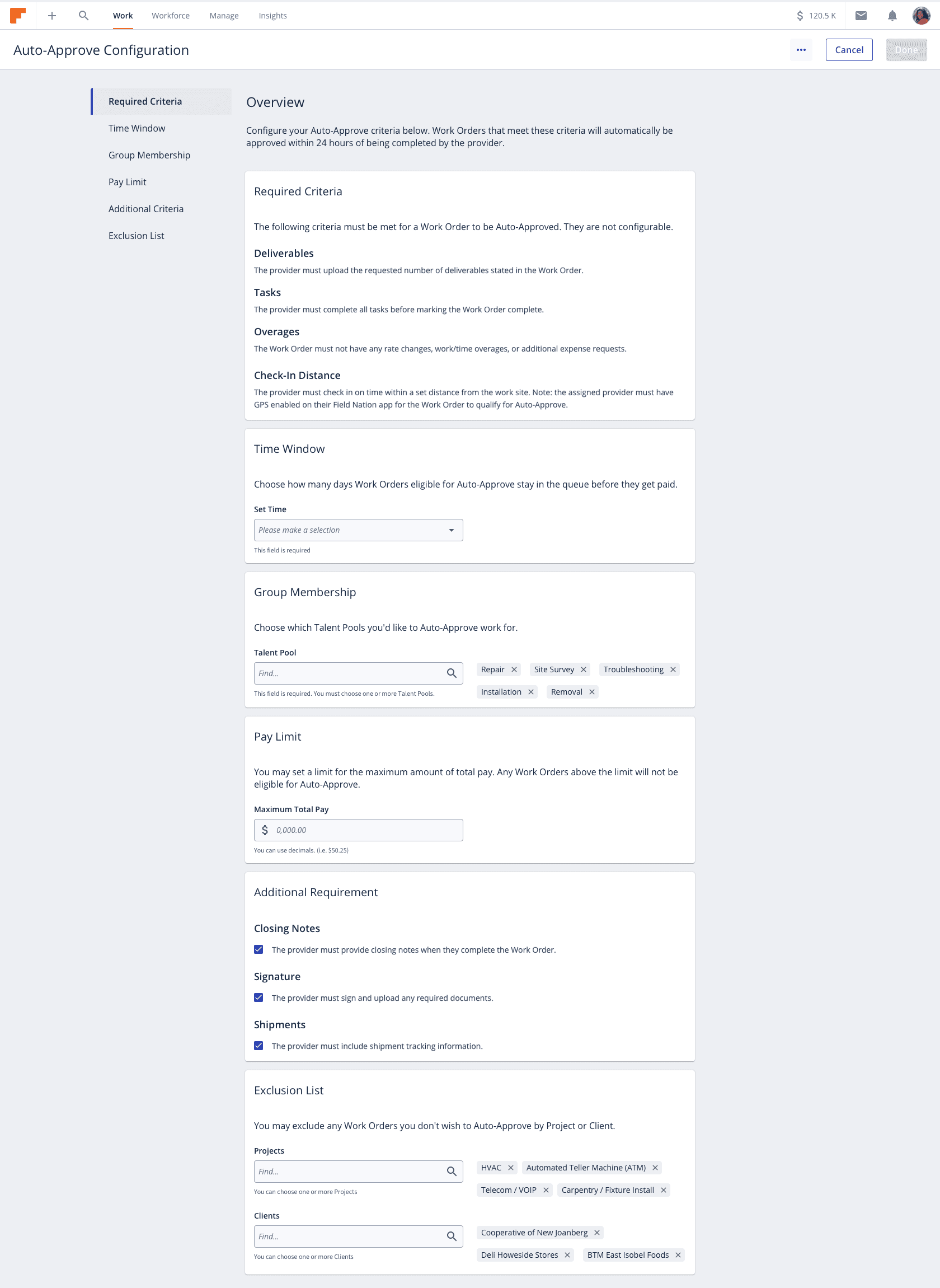 Auto-approve configuration page with required criteria, time window, pay limit, and exclusion list.