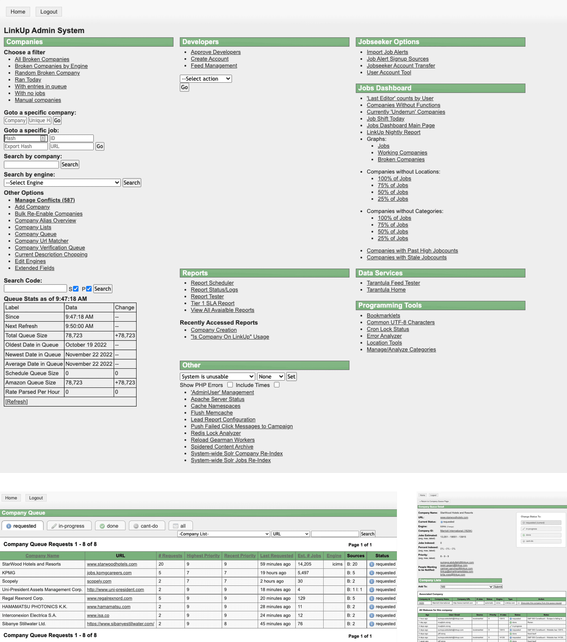 Legacy LinkUp admin screens: the home page of text links, the company queue, and a company detail page.