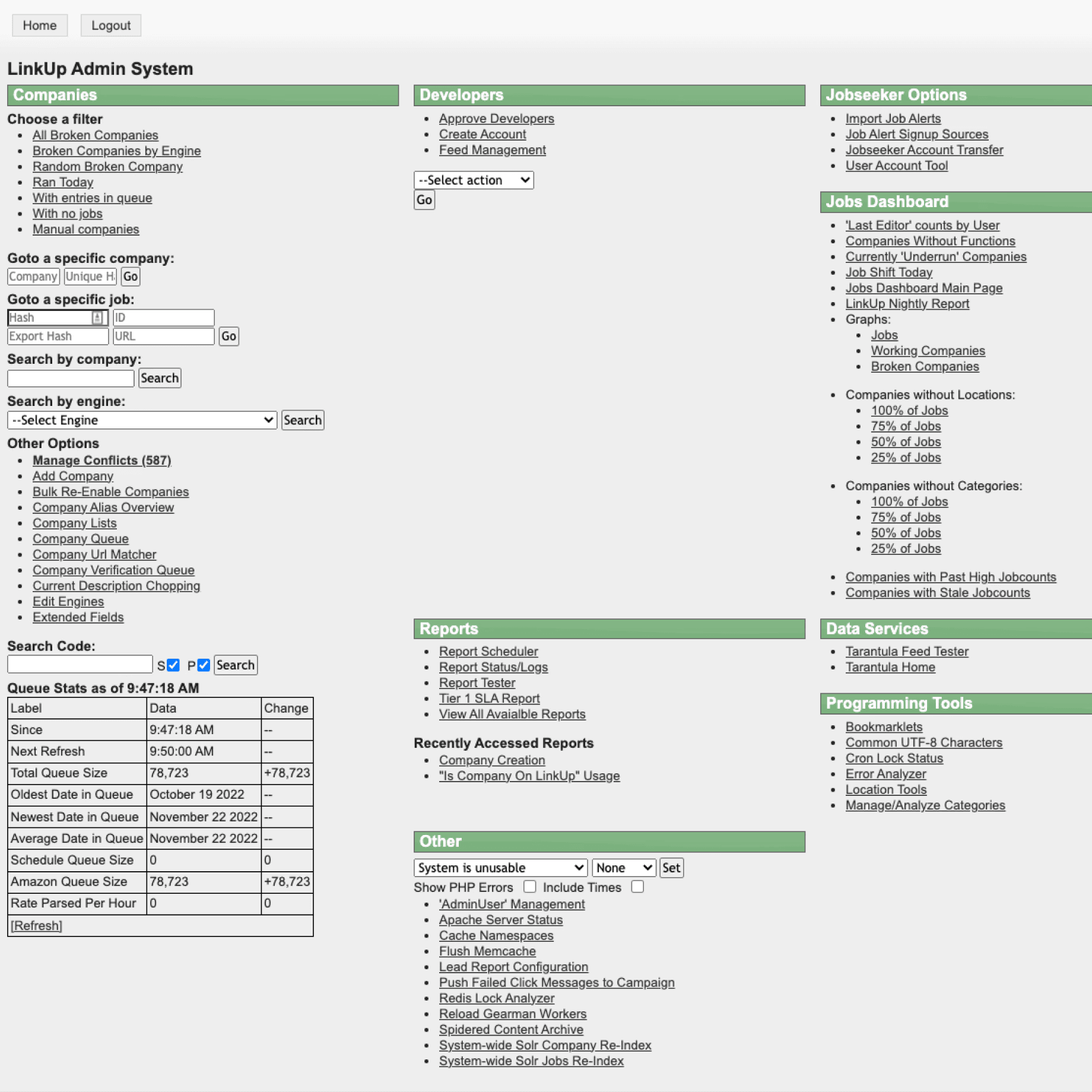 Legacy admin home page made up of columns of text links.