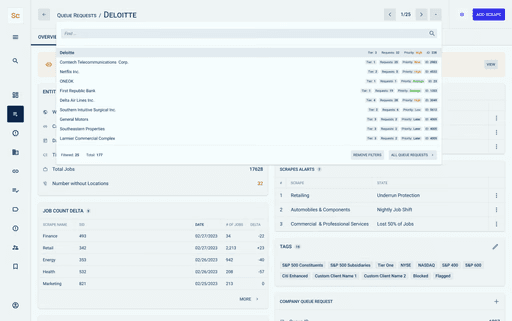 Entity page with a search overlay listing other entities.