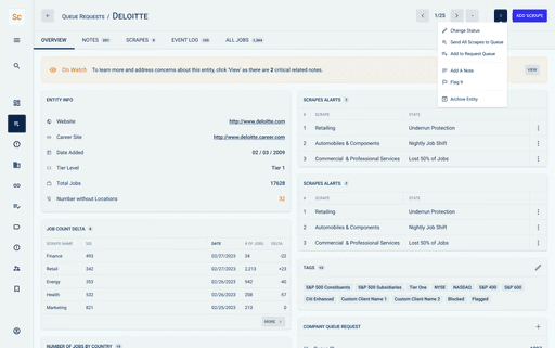 Entity page with an actions menu open.