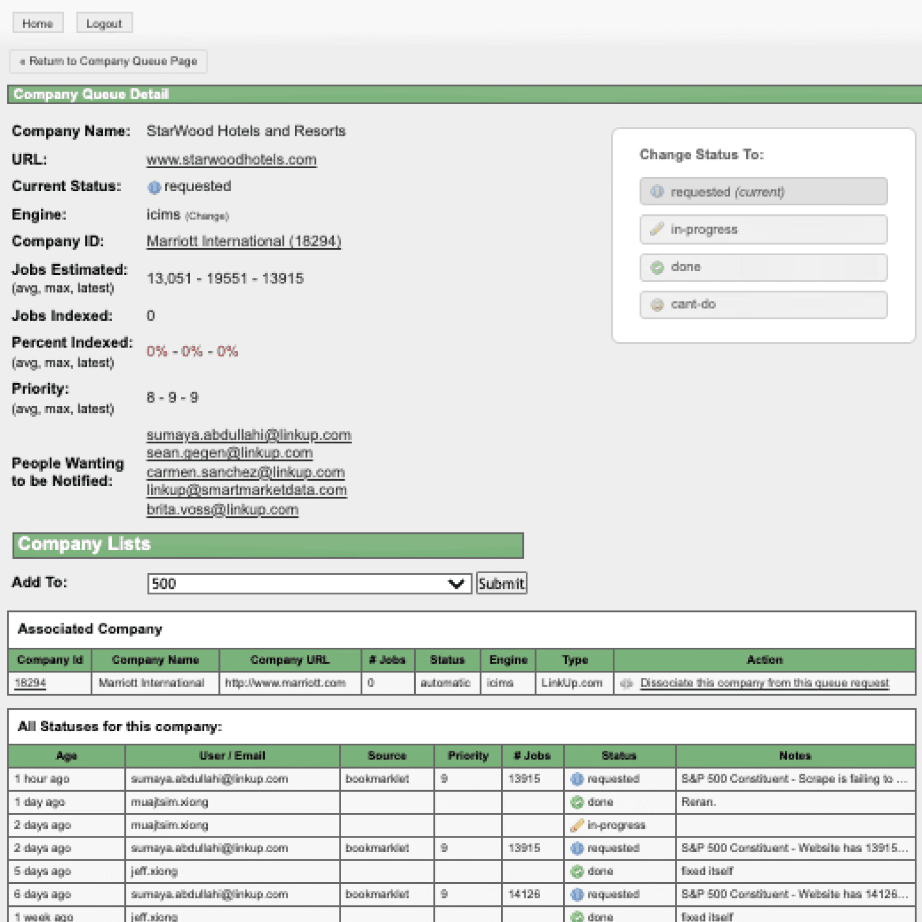 Legacy company queue detail page with stacked fields and tables.
