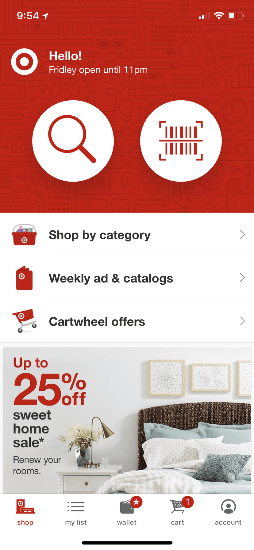 Target app home screen with large search and barcode scan buttons and the local store's hours.