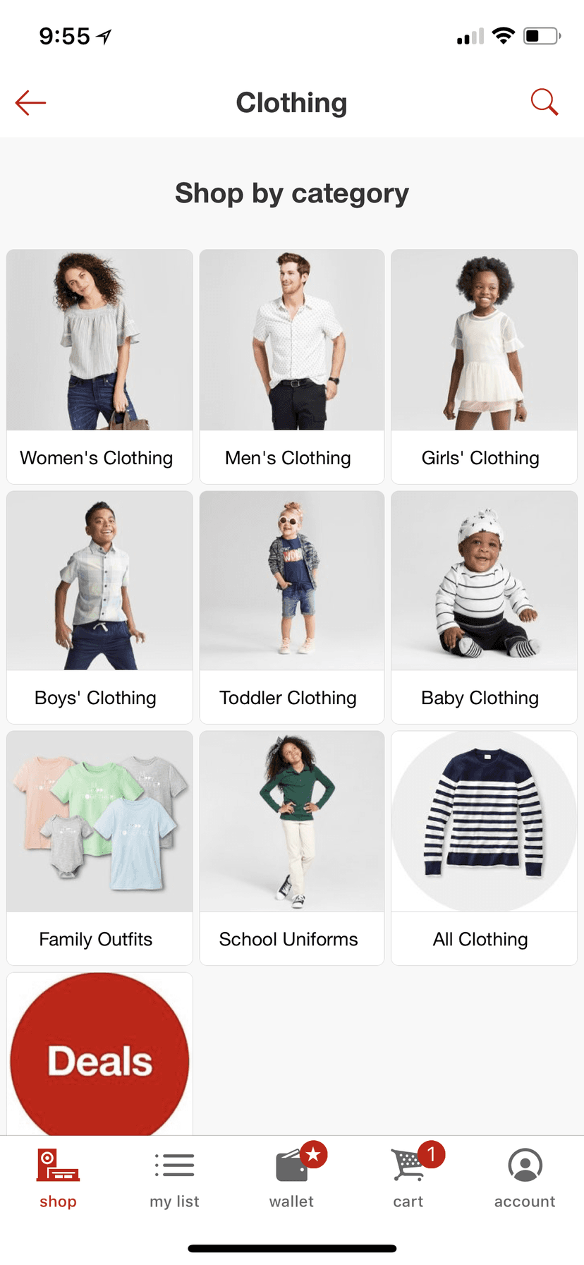 Clothing category screen with a photo grid of subcategories.