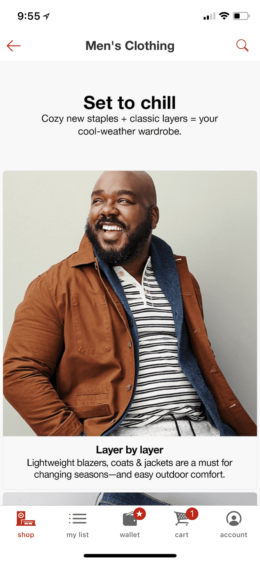 Men's Clothing screen with a seasonal feature.