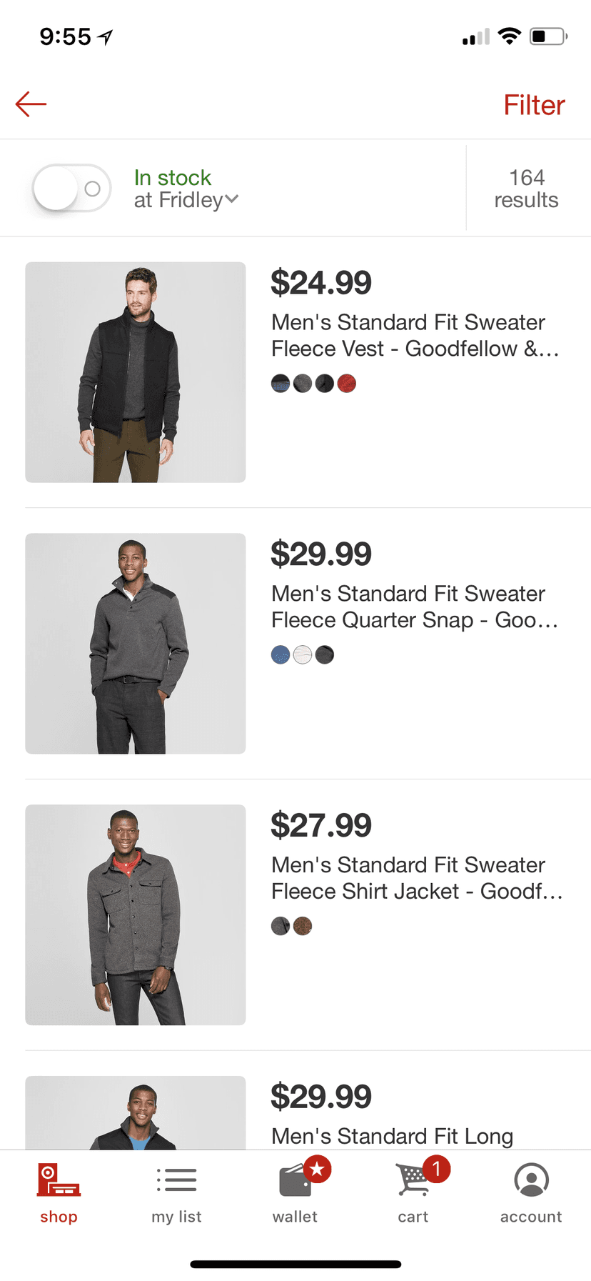 Product list with an in-stock-at-store switch and result count.