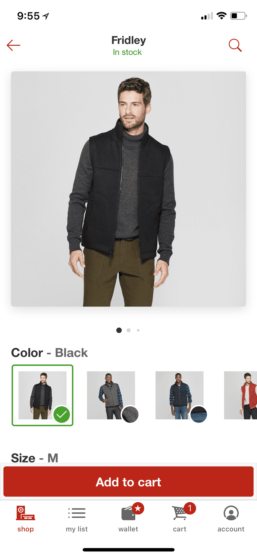 Product screen showing store availability, color options, and a fixed add to cart button.