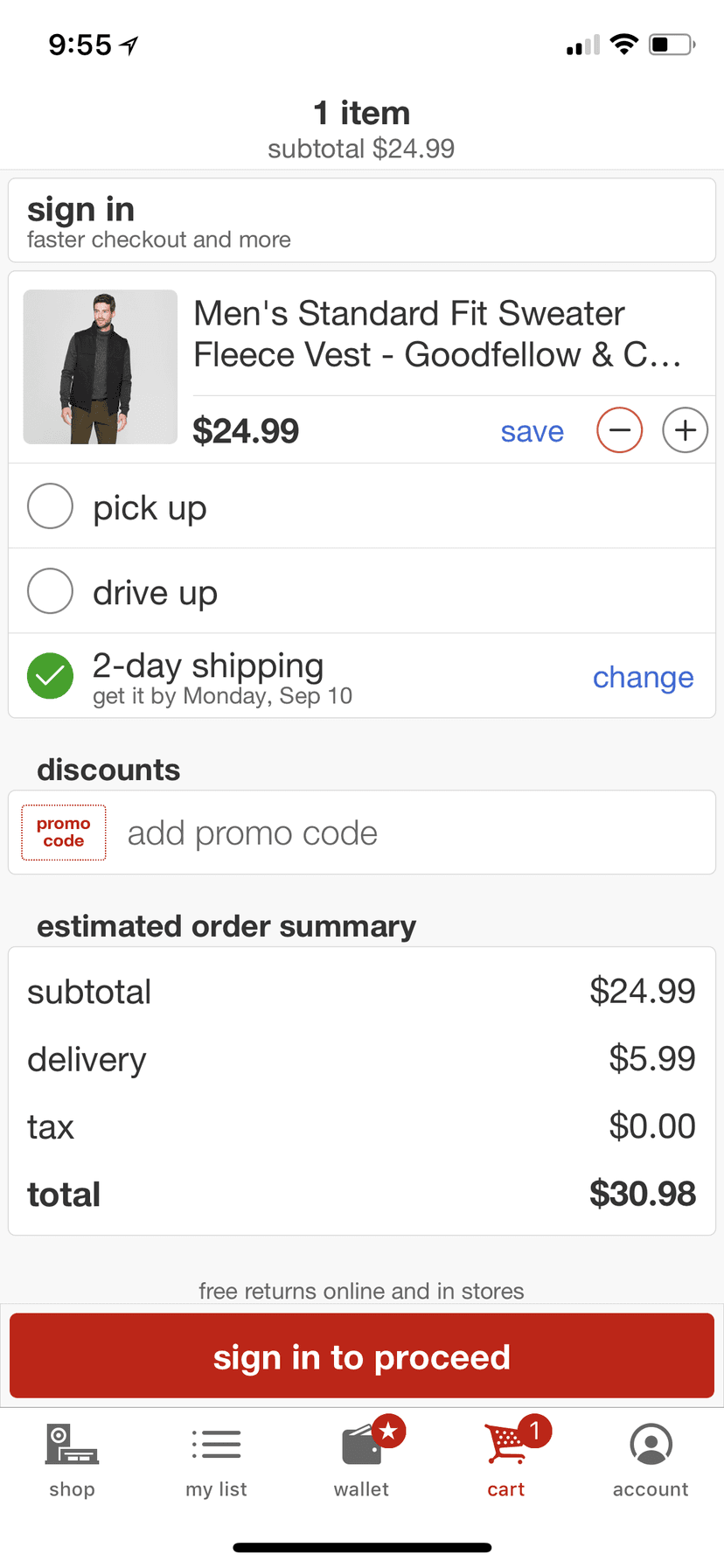 Cart screen with fulfillment options and an order summary.