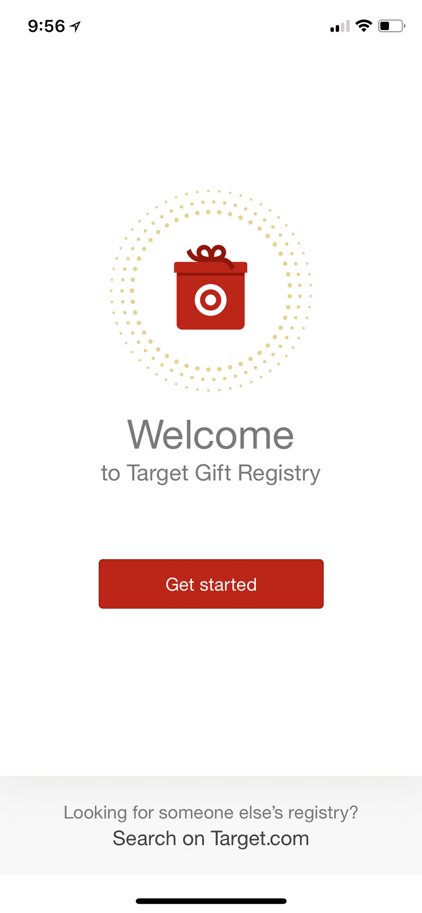 Gift Registry welcome screen with a get started button.