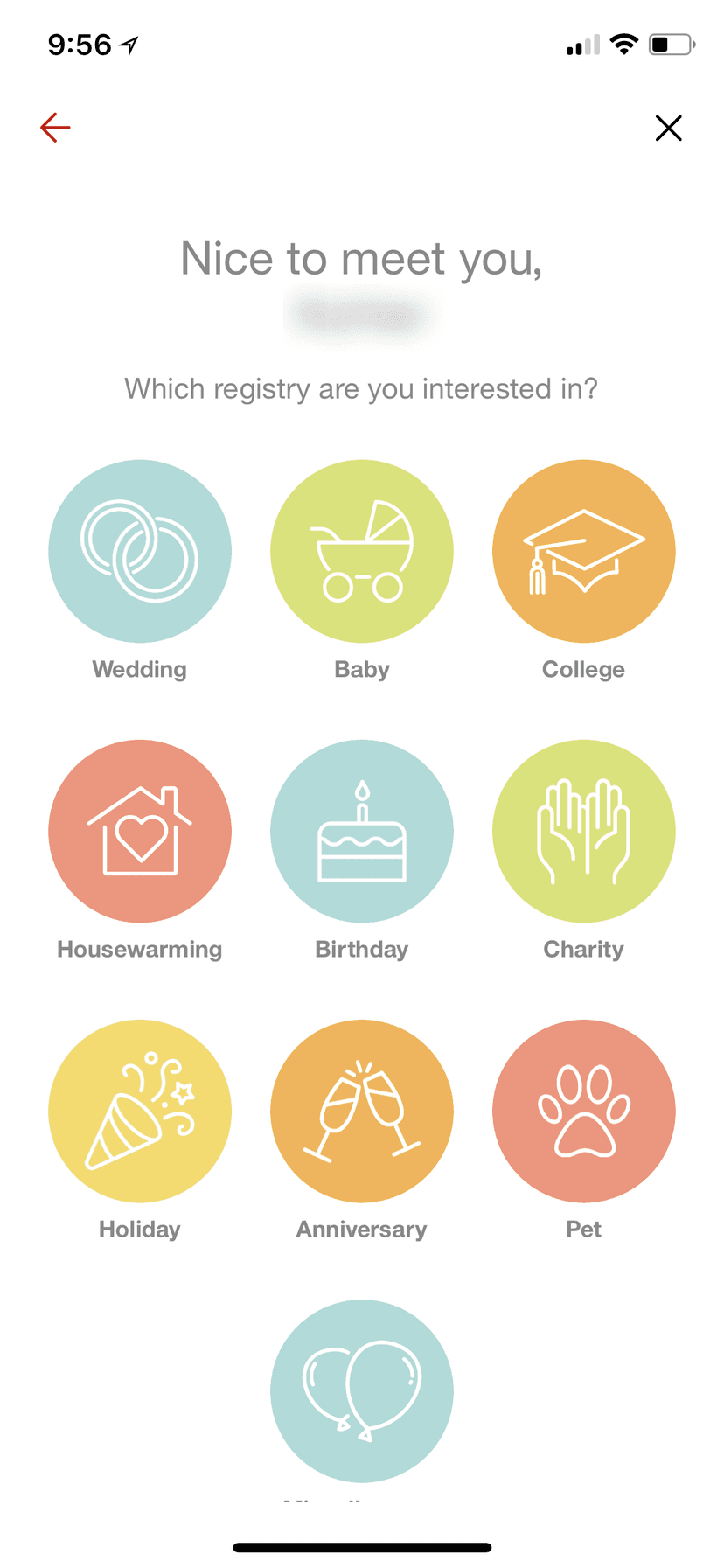 Registry type selection with icons for each occasion.