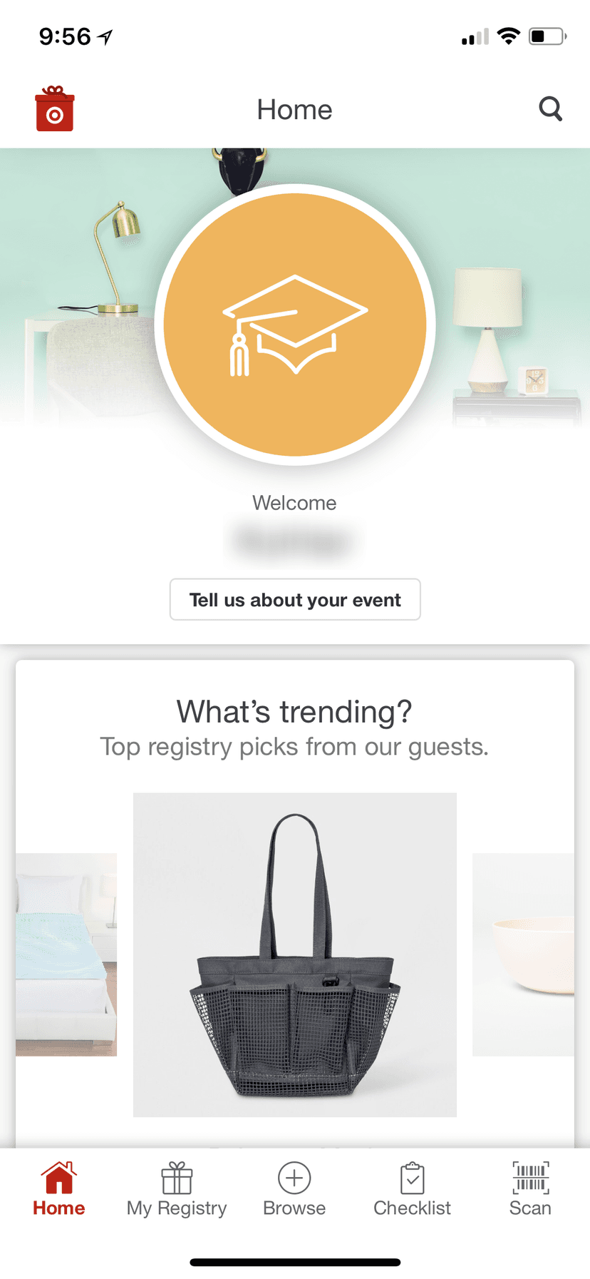 Registry home screen with a college theme and trending items.