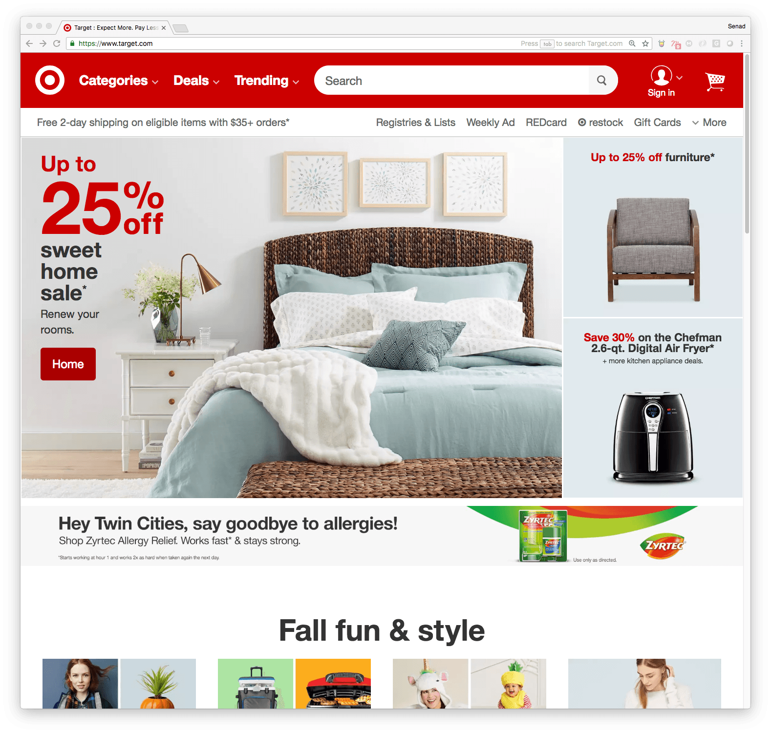 Target home page with a seasonal home sale feature and two smaller offers.