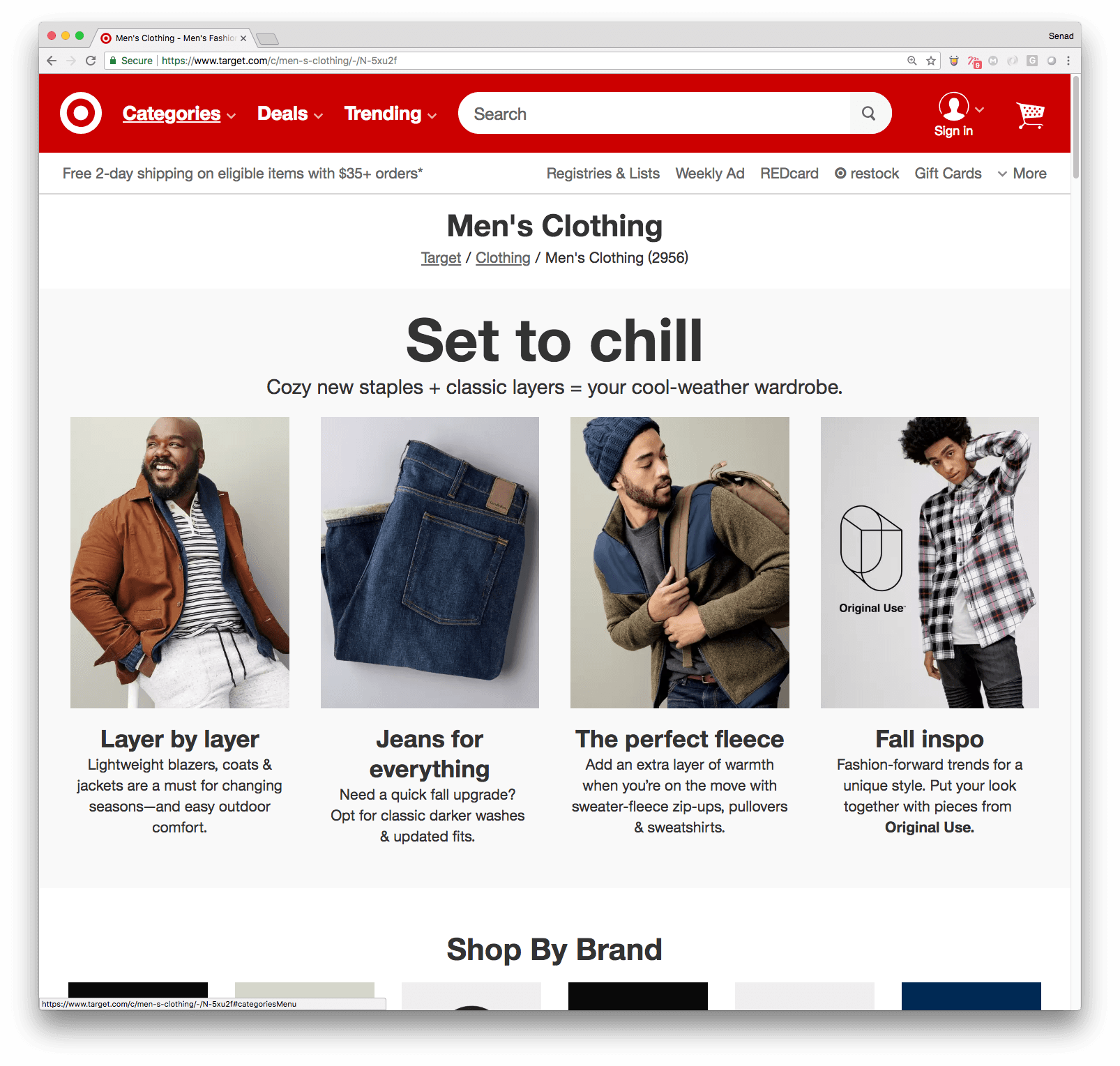 Men's Clothing category page with four featured seasonal collections.