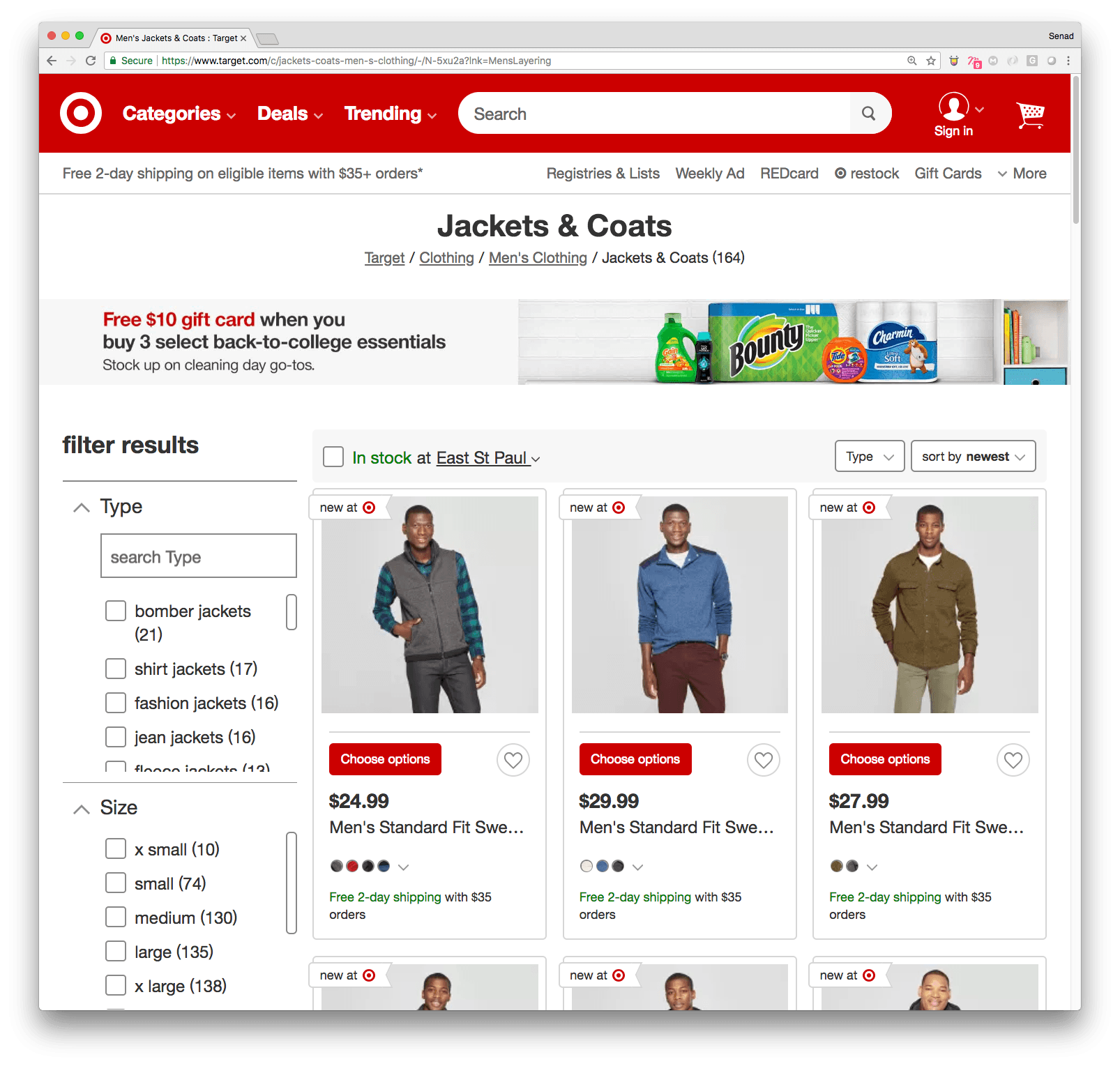 Jackets and coats listing with type and size filters and an in-stock-at-store checkbox.